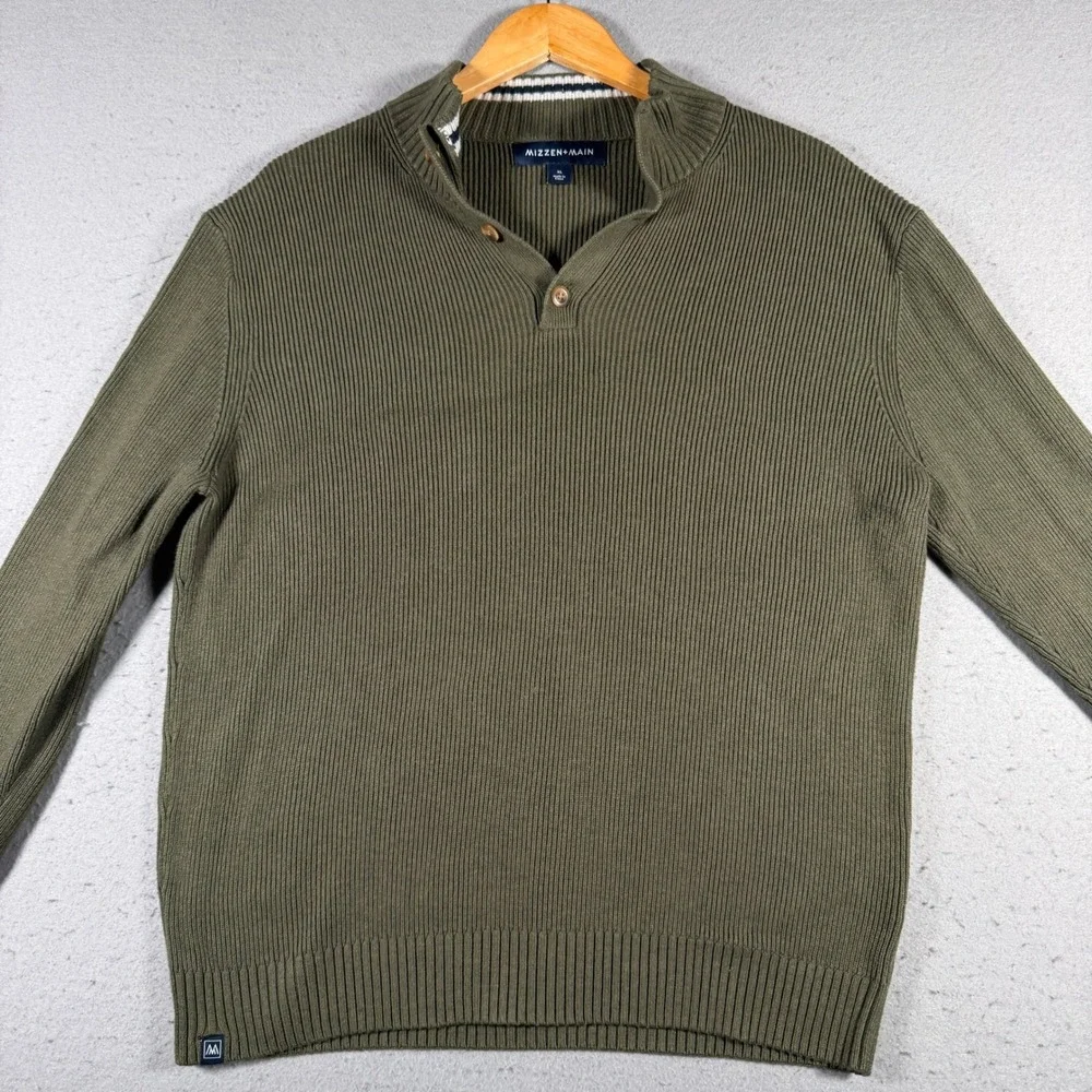 Mizzen+Main Men Olive Green Ribbed‎ Mock Neck Button Up Sweater XL Comfort